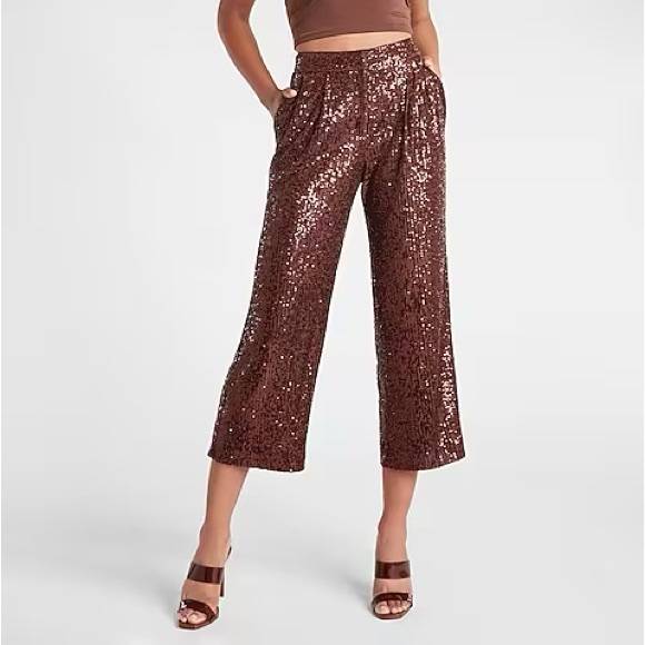 Express Black Sequin Crop Pleated High Waisted Trouser Size L NWT- Party Wear - Picture 2 of 13